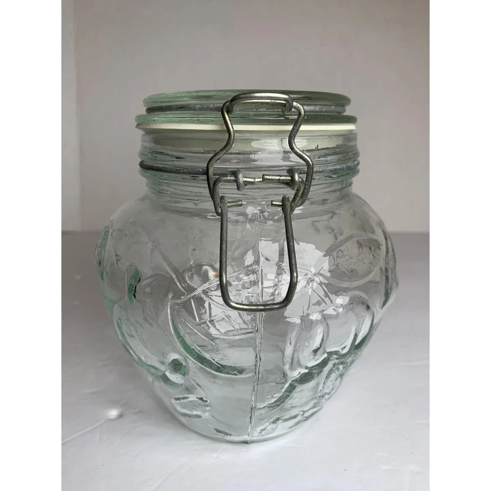 Vintage 70s Green Tint Glass Jar Embossed Fruit Pattern Wire Bail Hermetic‎ Lid